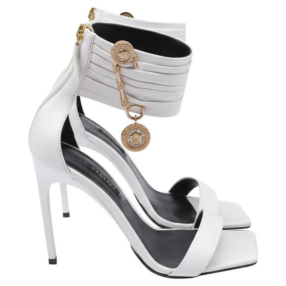 VERSACE Shoes - Versace Safety Pin Ankle-Cuff Sandals in White Leather